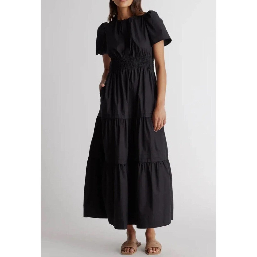 Black Tiered Puff-Sleeve Maxi Dress